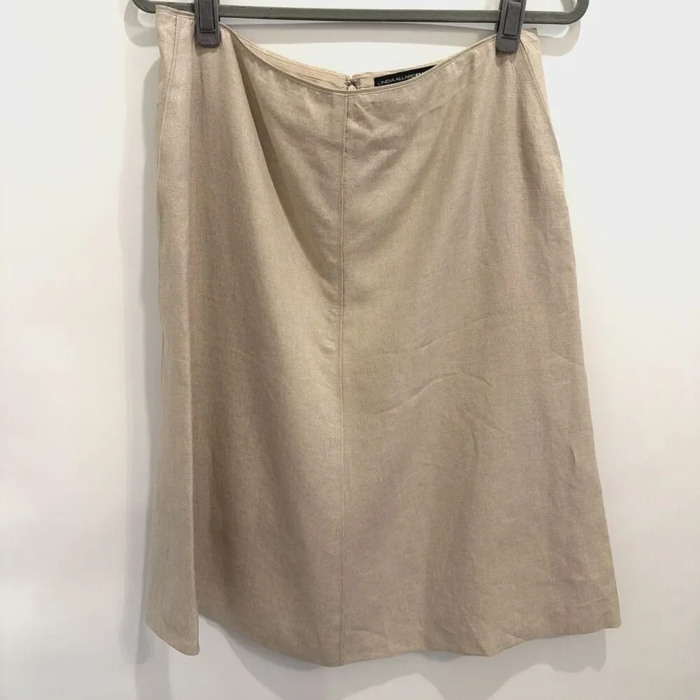 Linda Allard Ellen Tracy 100% Linen A-Line Skirt Womens Sz 10 Tan Lined Midi Lux
